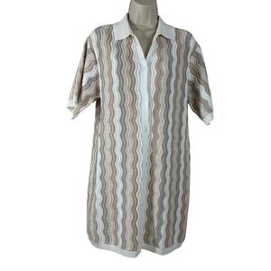 Yllw Womens Wavy Stripe Knit Polo Dress Tan Cream Viscose Short Sleeve XS/S